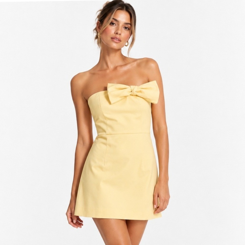 HM Bow-Detail Bandeau Dress Pastel Yellow Strapless Mini Size S NEW